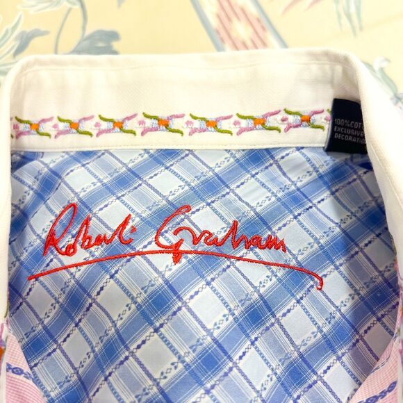 ROBERT GRAHAM Sz L Embroidered Pink Stripe Shirt Cuff Knowledge Wisdom Truth EUC - Picture 5 of 14